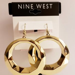 Nine West Drop Hammered Hoop Earrings in Gold Tone